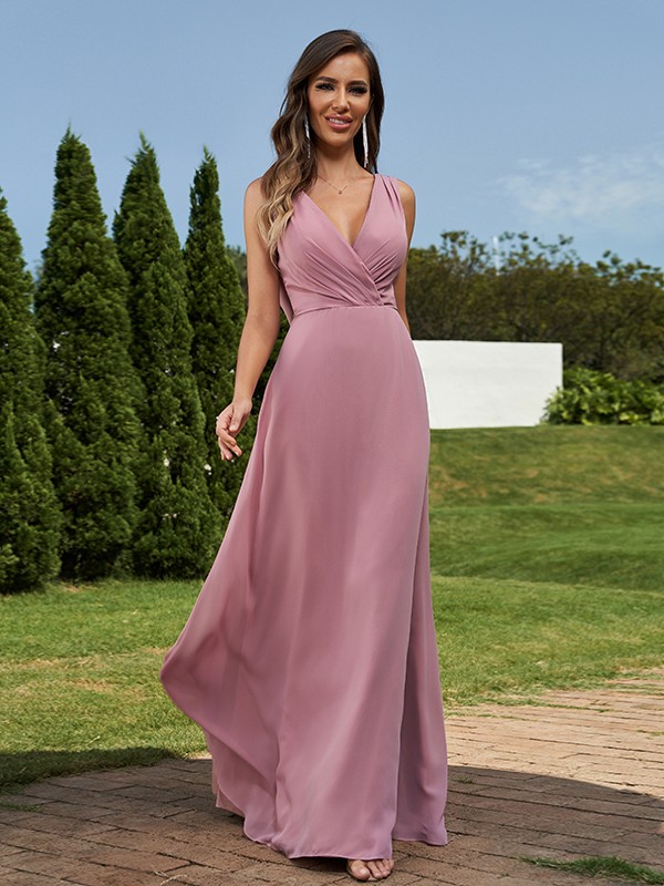 A-Line/Princess Chiffon Ruched V-neck Sleeveless Floor-Length Bridesmaid Dresses 2181