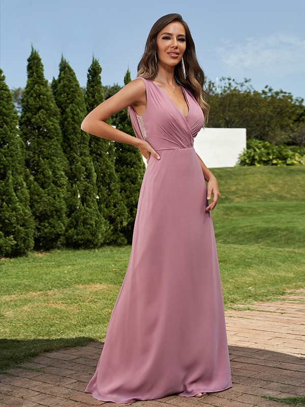 A-Line/Princess Chiffon Ruched V-neck Sleeveless Floor-Length Bridesmaid Dresses 2181