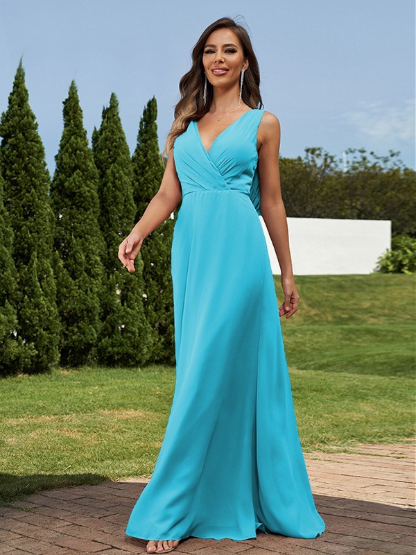 A-Line/Princess Chiffon Ruched V-neck Sleeveless Floor-Length Bridesmaid Dresses 2181