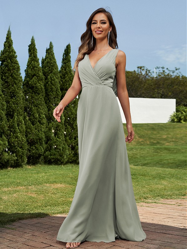 A-Line/Princess Chiffon Ruched V-neck Sleeveless Floor-Length Bridesmaid Dresses 2181