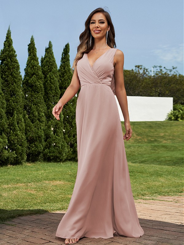 A-Line/Princess Chiffon Ruched V-neck Sleeveless Floor-Length Bridesmaid Dresses 2181