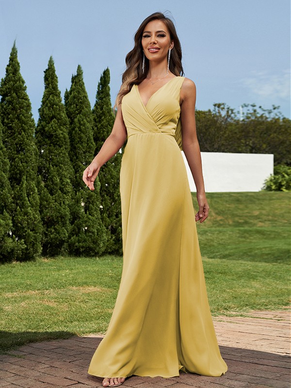 A-Line/Princess Chiffon Ruched V-neck Sleeveless Floor-Length Bridesmaid Dresses 2181