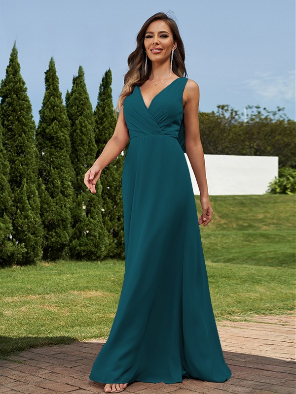 A-Line/Princess Chiffon Ruched V-neck Sleeveless Floor-Length Bridesmaid Dresses 2181