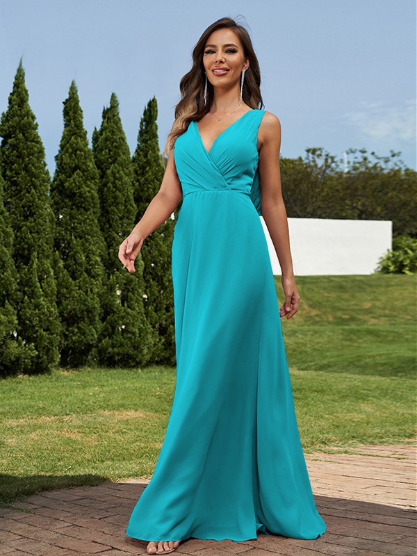 A-Line/Princess Chiffon Ruched V-neck Sleeveless Floor-Length Bridesmaid Dresses 2181