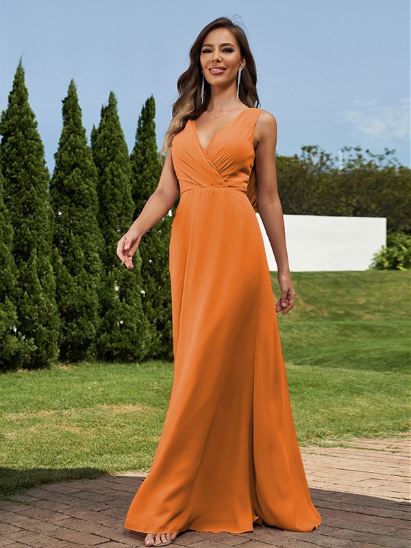 A-Line/Princess Chiffon Ruched V-neck Sleeveless Floor-Length Bridesmaid Dresses 2181