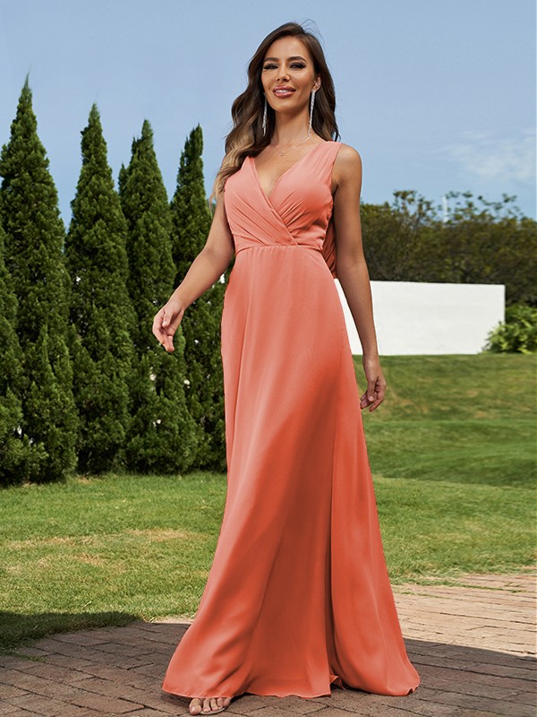 A-Line/Princess Chiffon Ruched V-neck Sleeveless Floor-Length Bridesmaid Dresses 2181