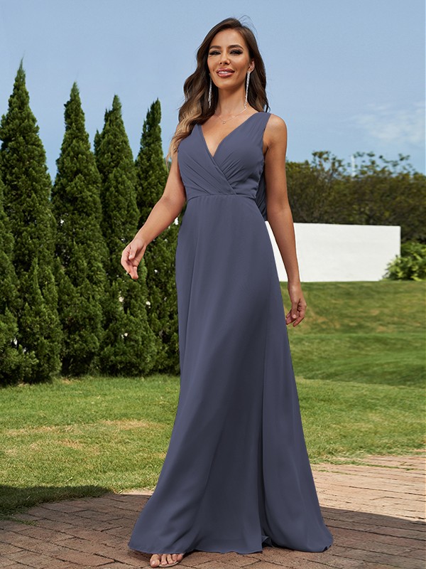 A-Line/Princess Chiffon Ruched V-neck Sleeveless Floor-Length Bridesmaid Dresses 2181