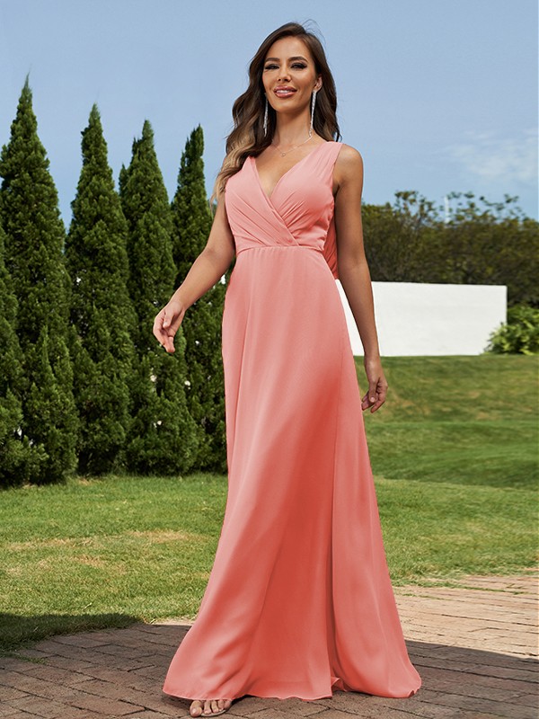 A-Line/Princess Chiffon Ruched V-neck Sleeveless Floor-Length Bridesmaid Dresses 2181