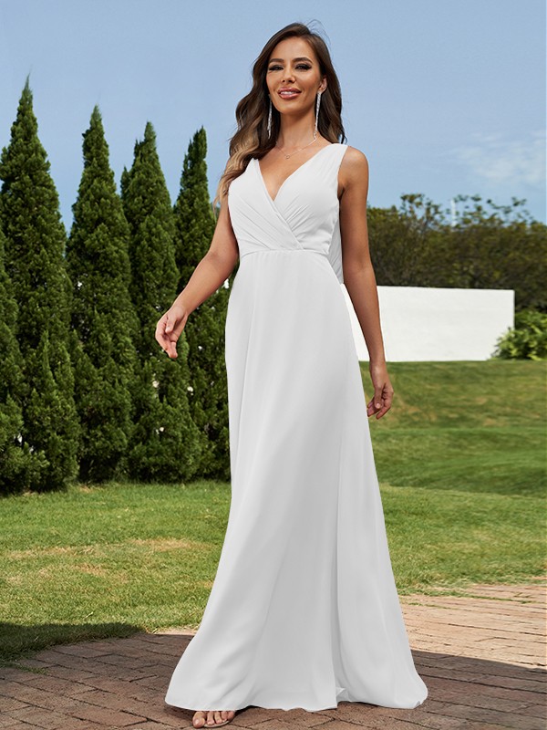 A-Line/Princess Chiffon Ruched V-neck Sleeveless Floor-Length Bridesmaid Dresses 2181