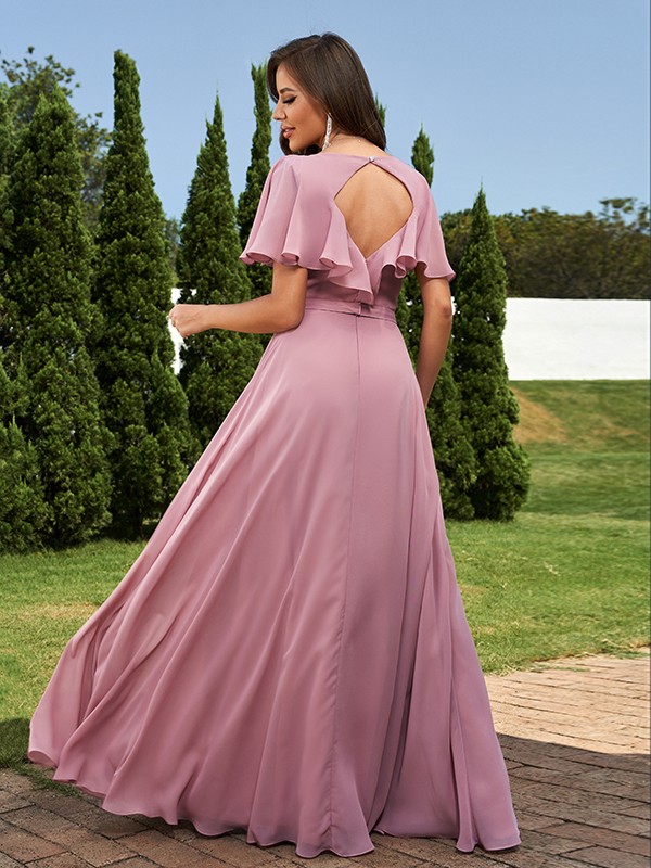 A-Line/Princess Chiffon Sash/Ribbon/Belt V-neck Short Sleeves Floor-Length Bridesmaid Dresses 2248