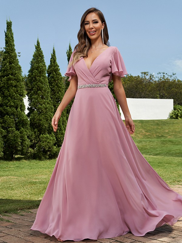 A-Line/Princess Chiffon Sash/Ribbon/Belt V-neck Short Sleeves Floor-Length Bridesmaid Dresses 2248