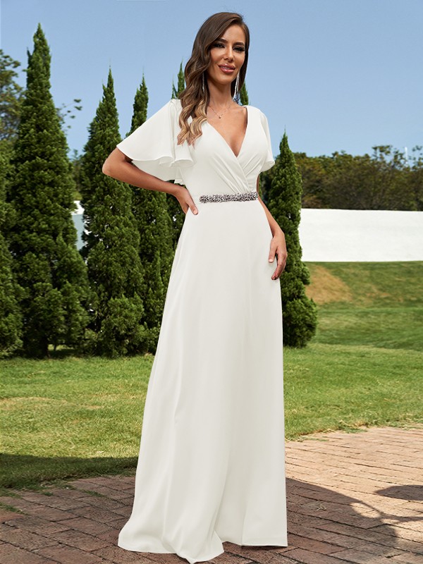 A-Line/Princess Chiffon Sash/Ribbon/Belt V-neck Short Sleeves Floor-Length Bridesmaid Dresses 2248