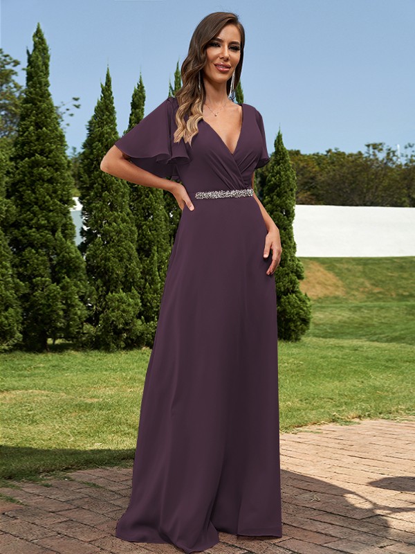 A-Line/Princess Chiffon Sash/Ribbon/Belt V-neck Short Sleeves Floor-Length Bridesmaid Dresses 2248