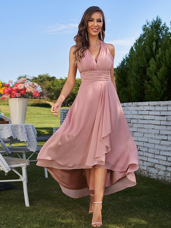 A-Line/Princess Chiffon Ruched V-neck Sleeveless Asymmetrical Bridesmaid Dresses 2175