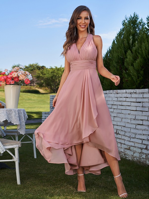 A-Line/Princess Chiffon Ruched V-neck Sleeveless Asymmetrical Bridesmaid Dresses 2175