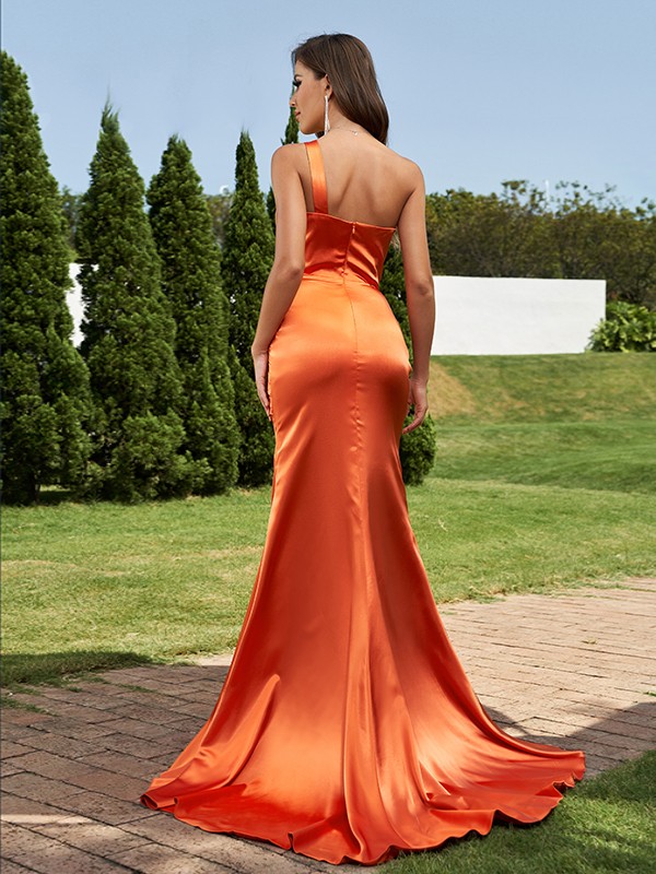 Sheath/Column Silk like Satin Ruched One-Shoulder Sleeveless Sweep/Brush Train Bridesmaid Dresses 3066