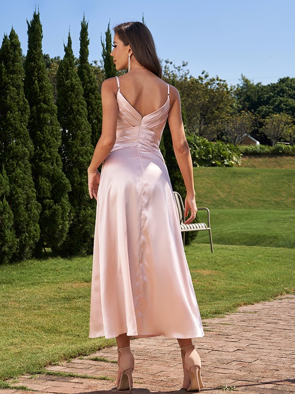 A-Line/Princess Silk like Satin Ruched V-neck Sleeveless Ankle-Length Bridesmaid Dresses 2475