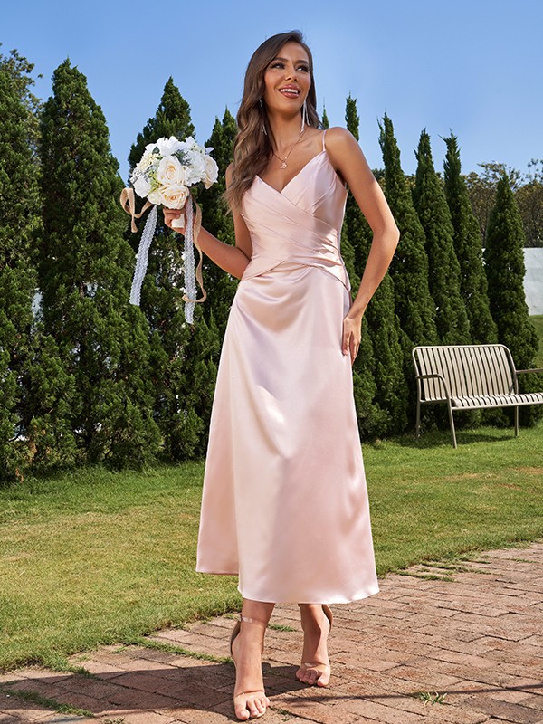 A-Line/Princess Silk like Satin Ruched V-neck Sleeveless Ankle-Length Bridesmaid Dresses 2475