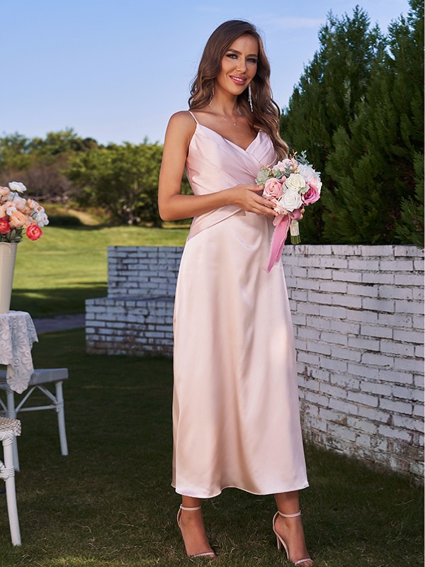 A-Line/Princess Silk like Satin Ruched V-neck Sleeveless Ankle-Length Bridesmaid Dresses 2475