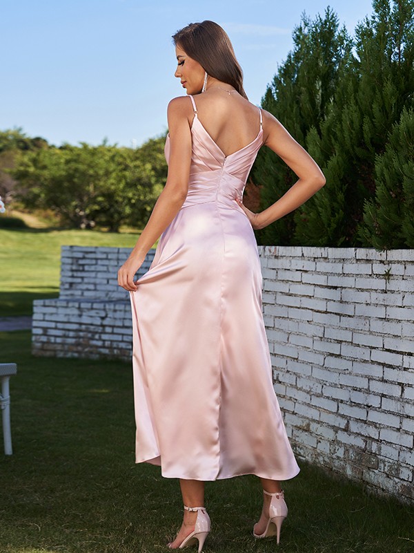 A-Line/Princess Silk like Satin Ruched V-neck Sleeveless Ankle-Length Bridesmaid Dresses 2475