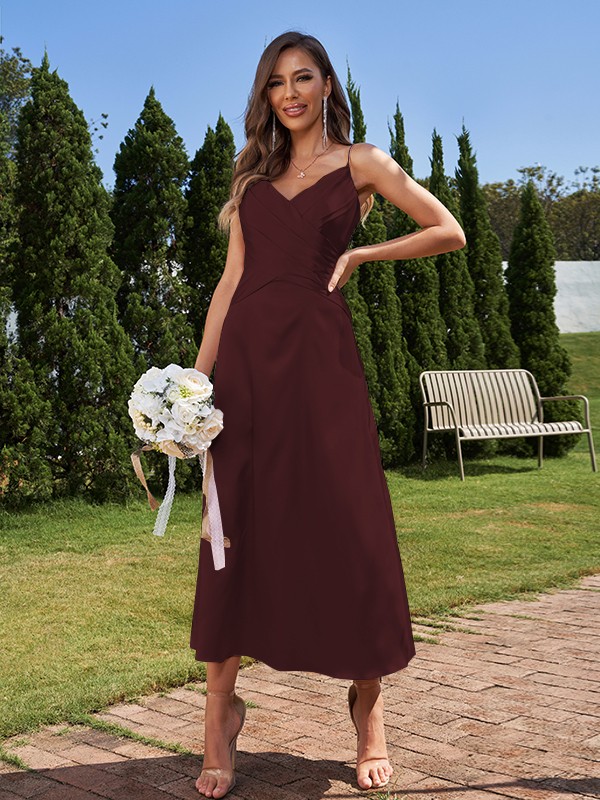 A-Line/Princess Silk like Satin Ruched V-neck Sleeveless Ankle-Length Bridesmaid Dresses 2475