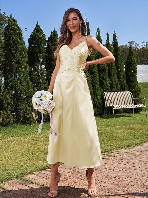 A-Line/Princess Silk like Satin Ruched V-neck Sleeveless Ankle-Length Bridesmaid Dresses 2475