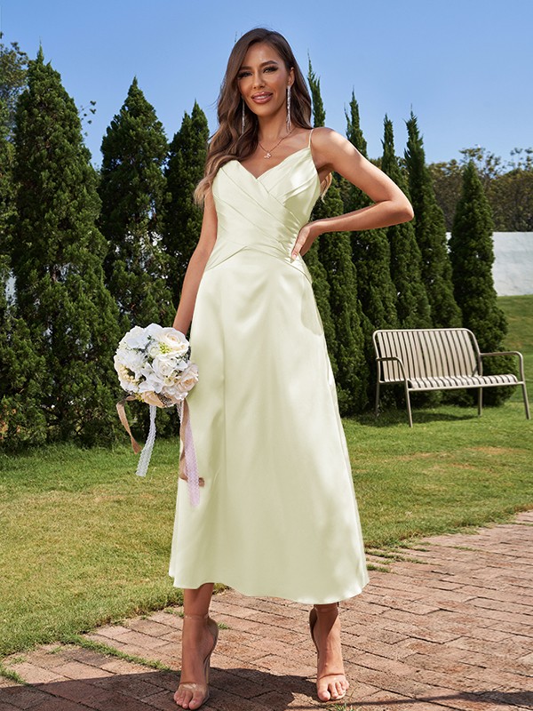 A-Line/Princess Silk like Satin Ruched V-neck Sleeveless Ankle-Length Bridesmaid Dresses 2475