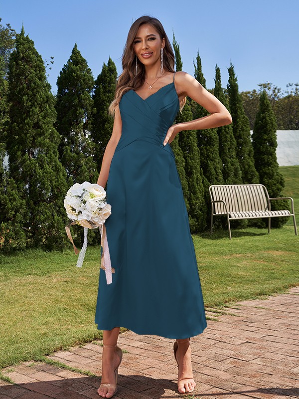 A-Line/Princess Silk like Satin Ruched V-neck Sleeveless Ankle-Length Bridesmaid Dresses 2475