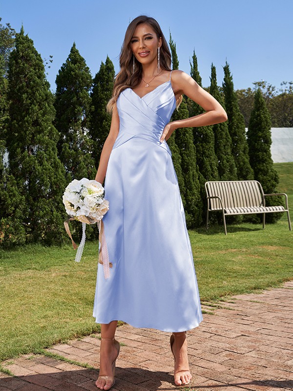 A-Line/Princess Silk like Satin Ruched V-neck Sleeveless Ankle-Length Bridesmaid Dresses 2475