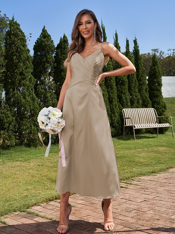 A-Line/Princess Silk like Satin Ruched V-neck Sleeveless Ankle-Length Bridesmaid Dresses 2475