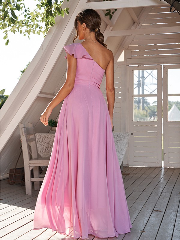 A-Line/Princess Chiffon Ruched One-Shoulder Sleeveless Floor-Length Bridesmaid Dresses 2161