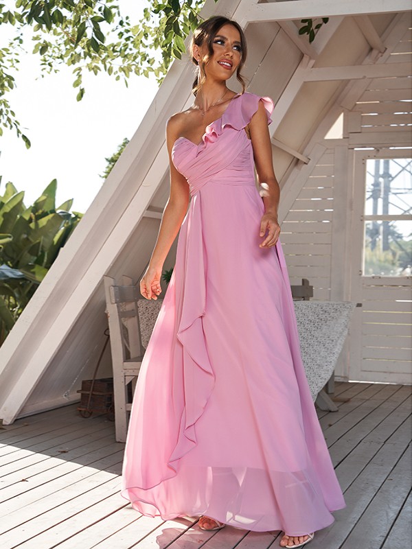 A-Line/Princess Chiffon Ruched One-Shoulder Sleeveless Floor-Length Bridesmaid Dresses 2161