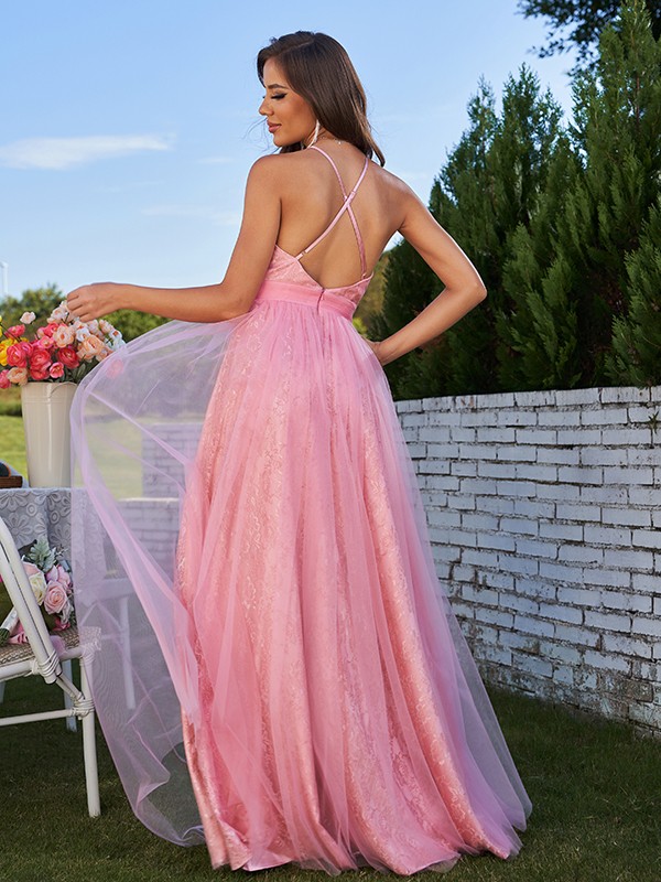 A-Line/Princess Tulle Ruffles Halter Sleeveless Sweep/Brush Train Bridesmaid Dresses 2768