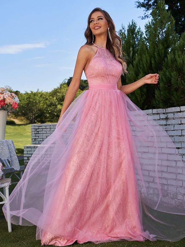 A-Line/Princess Tulle Ruffles Halter Sleeveless Sweep/Brush Train Bridesmaid Dresses 2768