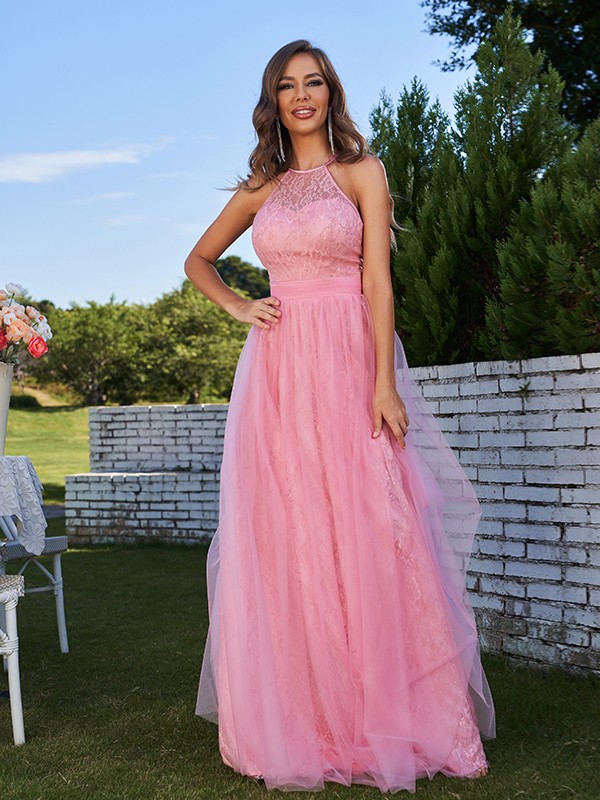 A-Line/Princess Tulle Ruffles Halter Sleeveless Sweep/Brush Train Bridesmaid Dresses 2768