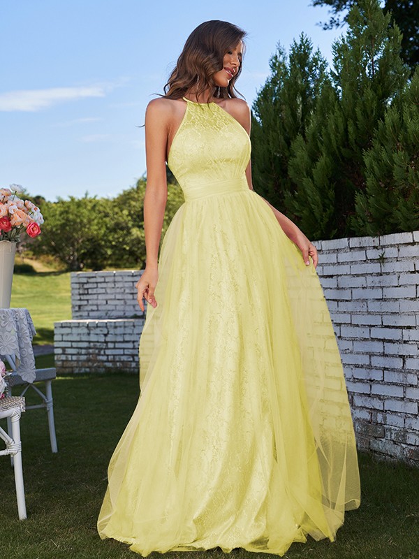 A-Line/Princess Tulle Ruffles Halter Sleeveless Sweep/Brush Train Bridesmaid Dresses 2768