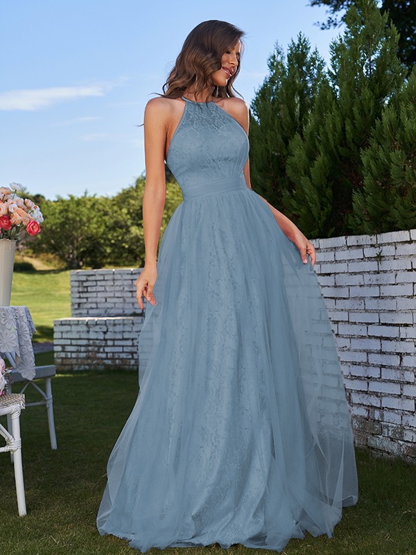 A-Line/Princess Tulle Ruffles Halter Sleeveless Sweep/Brush Train Bridesmaid Dresses 2768