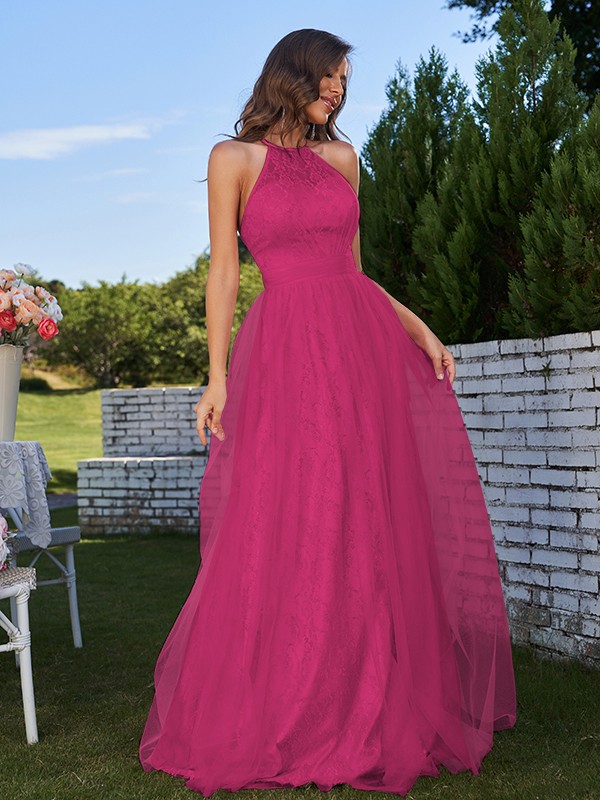 A-Line/Princess Tulle Ruffles Halter Sleeveless Sweep/Brush Train Bridesmaid Dresses 2768