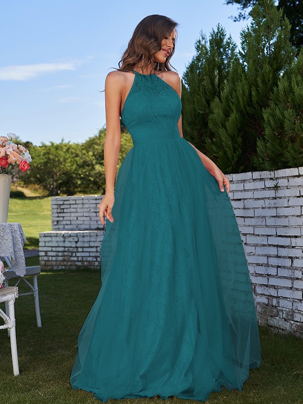 A-Line/Princess Tulle Ruffles Halter Sleeveless Sweep/Brush Train Bridesmaid Dresses 2768