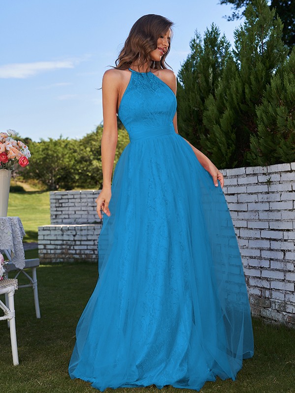 A-Line/Princess Tulle Ruffles Halter Sleeveless Sweep/Brush Train Bridesmaid Dresses 2768