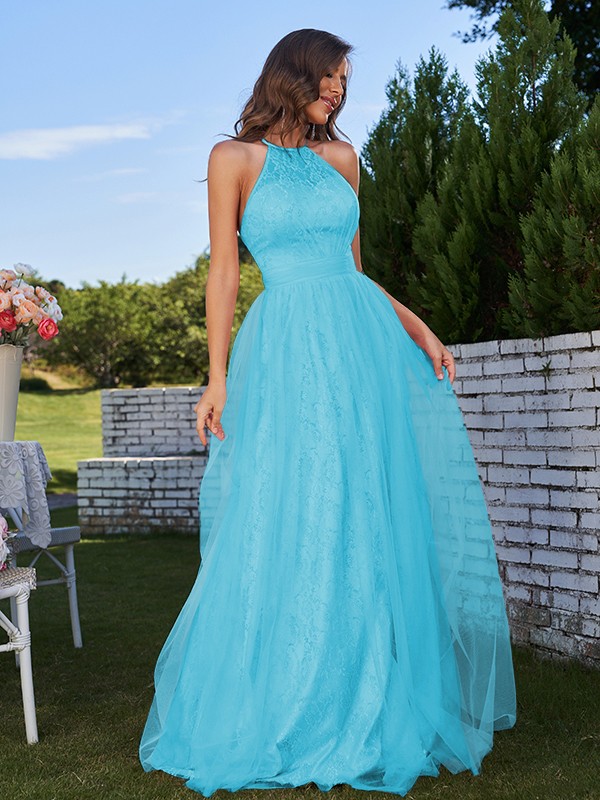 A-Line/Princess Tulle Ruffles Halter Sleeveless Sweep/Brush Train Bridesmaid Dresses 2768