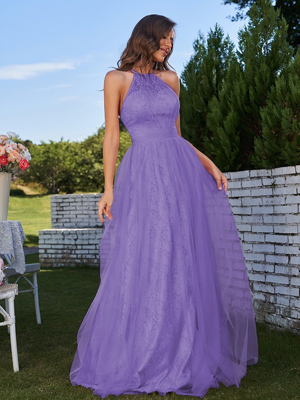 A-Line/Princess Tulle Ruffles Halter Sleeveless Sweep/Brush Train Bridesmaid Dresses 2768