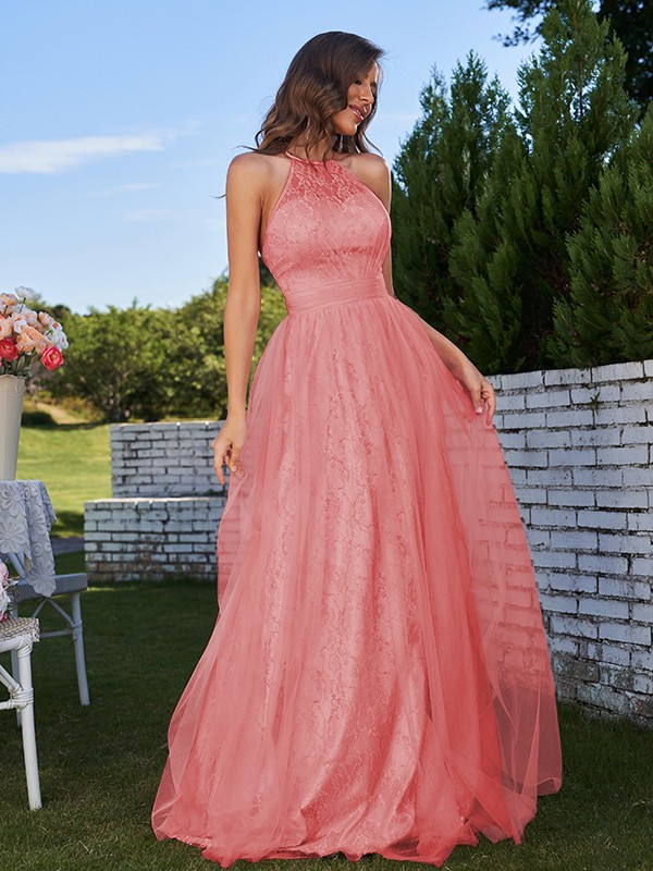 A-Line/Princess Tulle Ruffles Halter Sleeveless Sweep/Brush Train Bridesmaid Dresses 2768