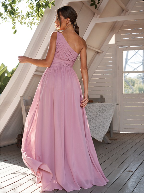 A-Line/Princess Chiffon Ruched One-Shoulder Sleeveless Sweep/Brush Train Bridesmaid Dresses 2164