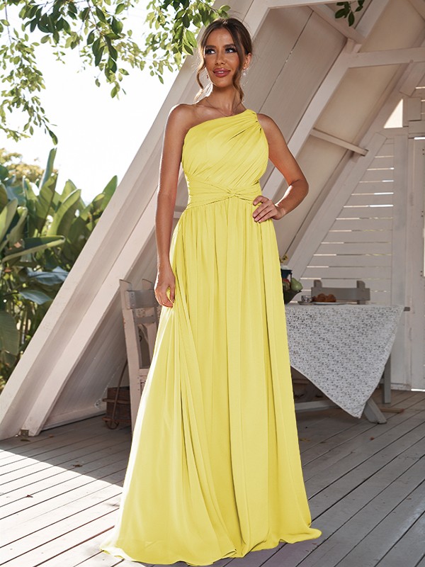 A-Line/Princess Chiffon Ruched One-Shoulder Sleeveless Sweep/Brush Train Bridesmaid Dresses 2164