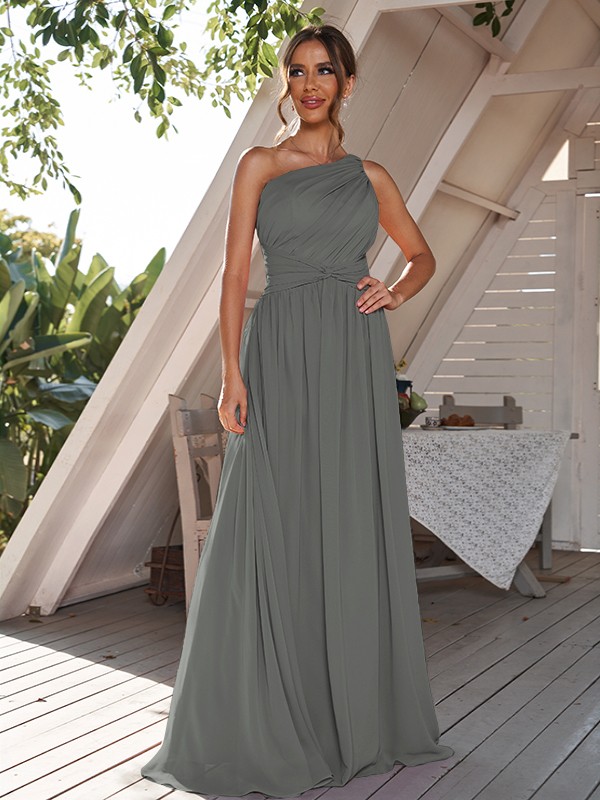 A-Line/Princess Chiffon Ruched One-Shoulder Sleeveless Sweep/Brush Train Bridesmaid Dresses 2164