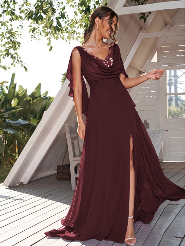 A-Line/Princess Chiffon Ruched V-neck Sleeveless Sweep/Brush Train Bridesmaid Dresses 2190