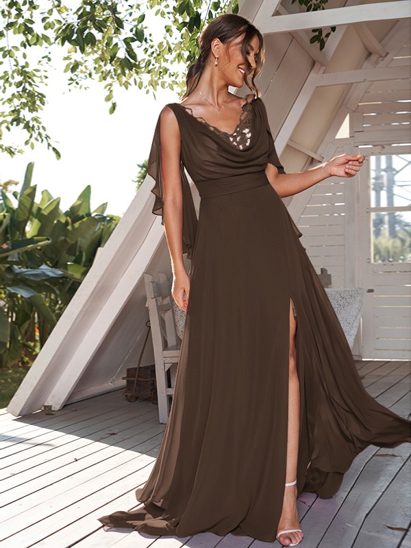 A-Line/Princess Chiffon Ruched V-neck Sleeveless Sweep/Brush Train Bridesmaid Dresses 2190