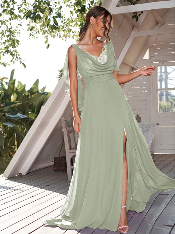 A-Line/Princess Chiffon Ruched V-neck Sleeveless Sweep/Brush Train Bridesmaid Dresses 2190