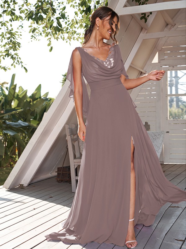 A-Line/Princess Chiffon Ruched V-neck Sleeveless Sweep/Brush Train Bridesmaid Dresses 2190